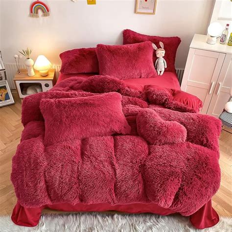 Hug and Snug Fluffy Red Duvet Cover Set Bedding Roomie Design Single Flat Sheet 4 Piece Set ...