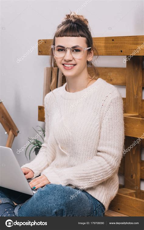 Smiling Girl Sitting Laptop Table Office Looking Camera — Free Stock Photo © NastyaBerezen ...