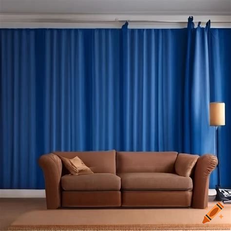 Spacious living room with tv, blue and white walls, and brown couch on Craiyon