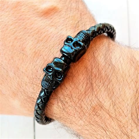 Black braided leather bracelet with Double Skull in black | Etsy