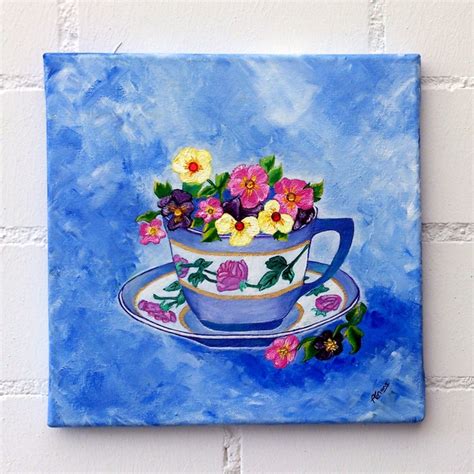 Tea Cup With Pansies Acrylic Painting By Amans Honigsperger ...