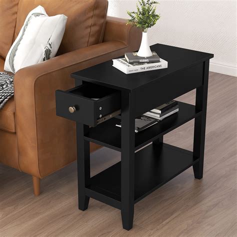 ChooChoo Side Table Living Room, Narrow End Table with Drawer and Shelf, 3-Tier Sofa End Table ...