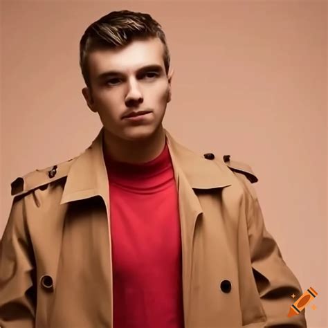 Man in a beige trench coat and red t-shirt