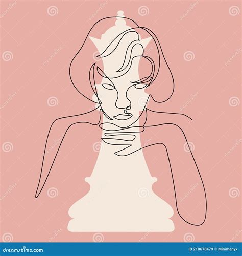 Woman One Line Art Drawing with Queen Chess Piece Sillhouette Illustration Stock Vector ...