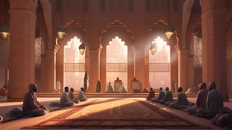 Premium AI Image | A group of people praying together in a mosque