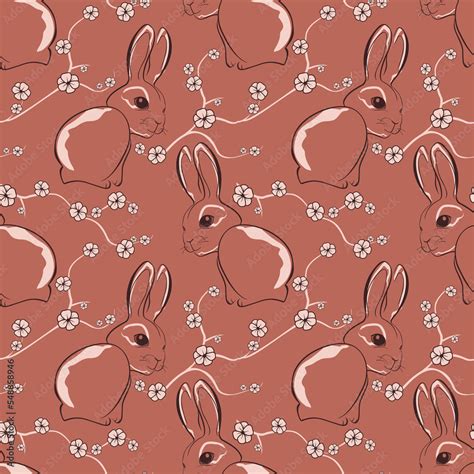 seamless patterns of rabbits with sakura branch. Chinese New year Zodiac 2023 sign element ...