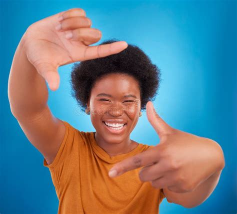 Finger Framing, Portrait and Happy Black Woman on Blue Background, Studio and Backdrop. Face ...