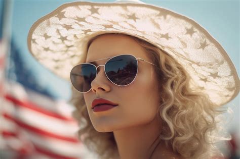 Premium AI Image | A woman wearing sunglasses and a hat stands in front of an american flag.