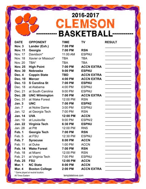 Printable 2016-2017 Clemson Tigers Basketball Schedule