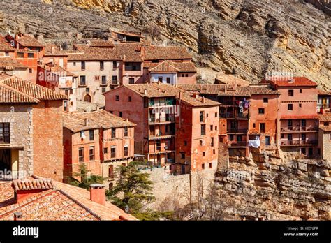 Houses of the medieval village Albarracin, built against the steep hill ...