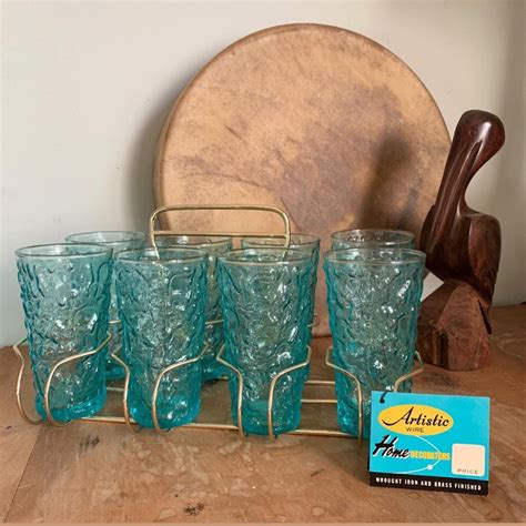 Set of 8 Vintage 1960’s Aqua Blue Glass Tumblers with Wire Organizer, Drinking Glasses