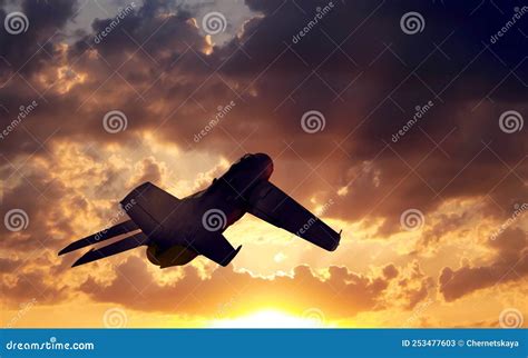 Silhouette of Jet Fighter in Cloudy Sky at Sunset Stock Image - Image of bomber, silhouette ...