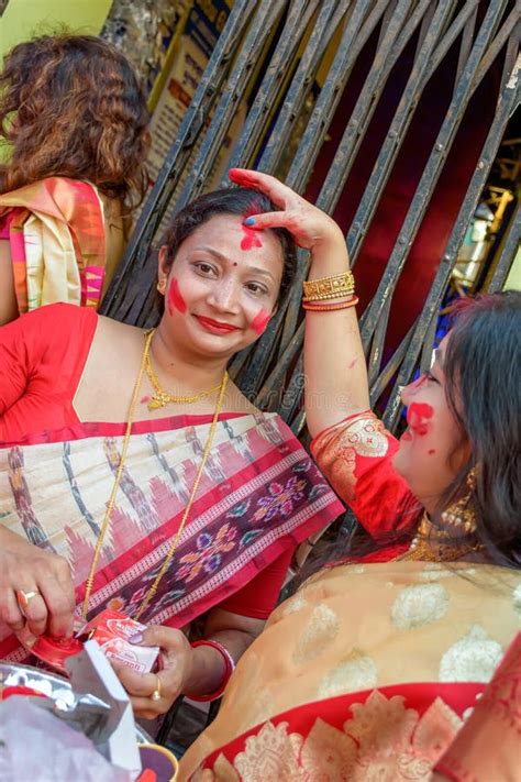 Women Participate in Sindur Khela at a Puja Pandal on the Last Day of Durga Puja at Baghbazar ...