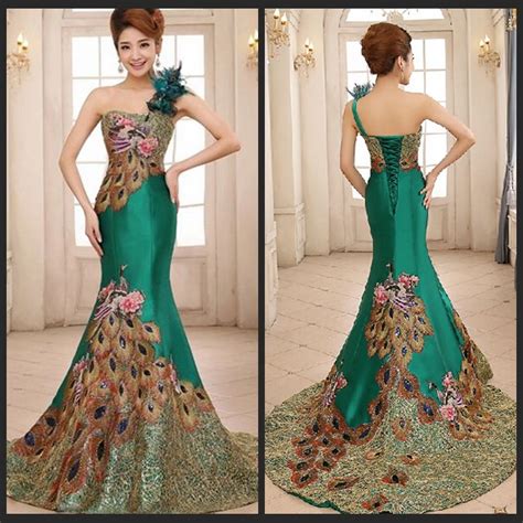 Gorgeous One Shoulder Green Mermaid Evening Dresses Peacock Pattern ...