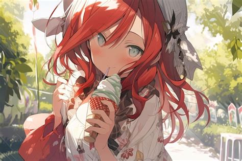 Premium AI Image | Cute redhead anime girl eating an ice cream in a park Generated ai