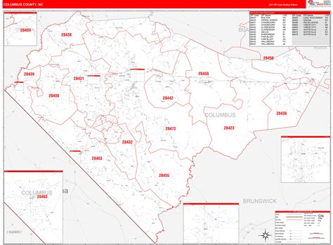 Columbus County, NC Zip Code Wall Map Red Line Style by MarketMAPS - MapSales