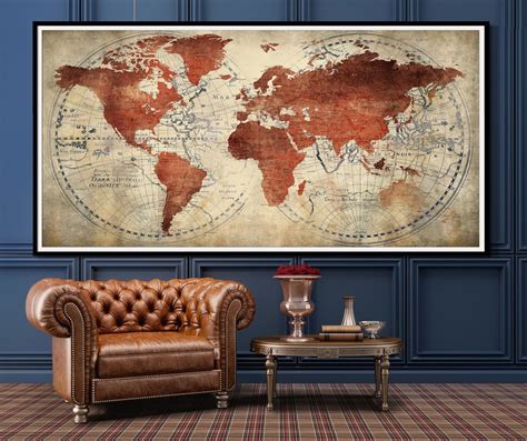 Extra Large World Map Wall Art Print Decor World Map Push Pin Travel Map Exclusive Map Wall ...