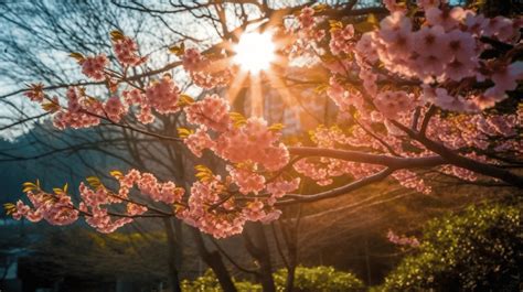 Beautiful Sunrise Through The Cherry Blossom Tree Background, Cherry Blossoms, Branches, Full ...