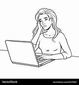 Sad Girl With Laptop coloring Royalty Free Vector Image sketch template