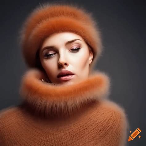 Woman in fluffy mohair turtleneck sweater and fur headband
