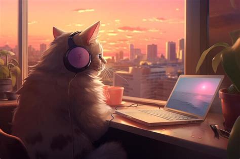 Premium AI Image | a cat wearing headphones sits in front of a laptop ...