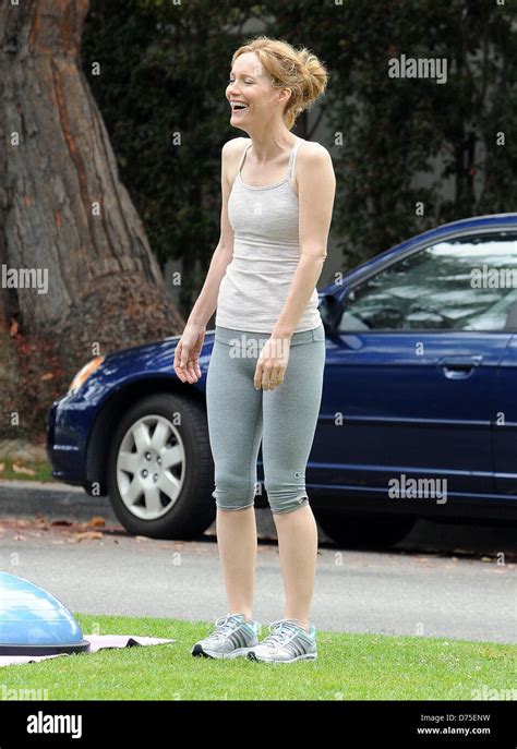 Leslie Mann shooting a workout scene in a Santa Monica park while on ...