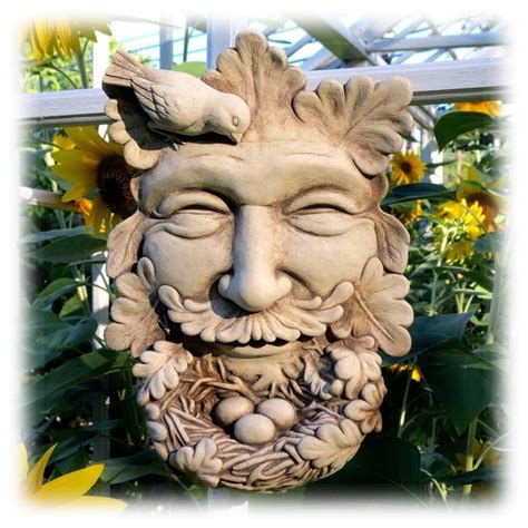Cast Concrete Garden Sprite Face with Nature's Nest Beard and Bird | Outdoor wall plaques ...