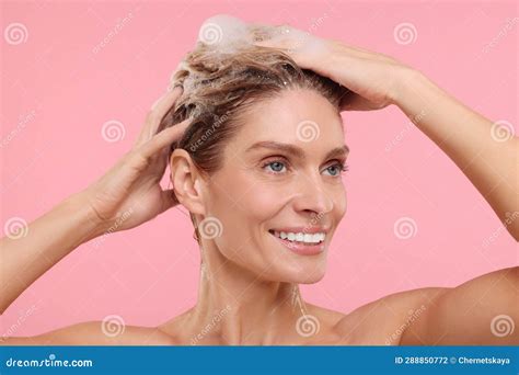 Beautiful Happy Woman Washing Hair on Pink Background Stock Photo - Image of mature, caucasian ...