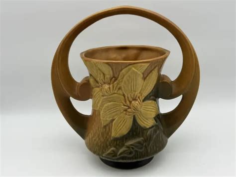 1940S ROSEVILLE POTTERY Clematis Brown Basket 387-7 Floral Vase $34.00 - PicClick