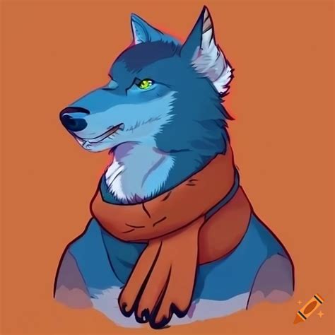 Reference sheet of a blue wolf with an orange scarf