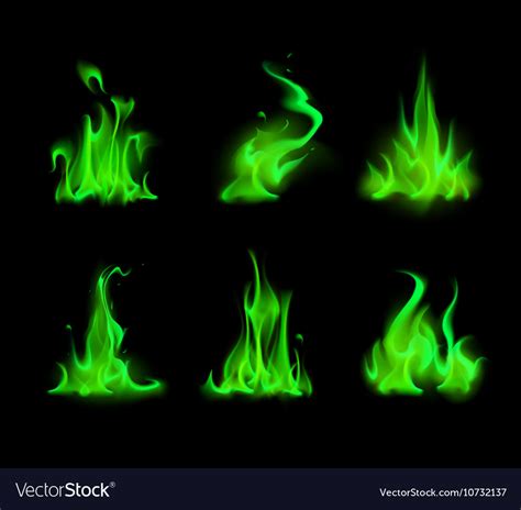 Set of green fire flame bonfire on background Vector Image