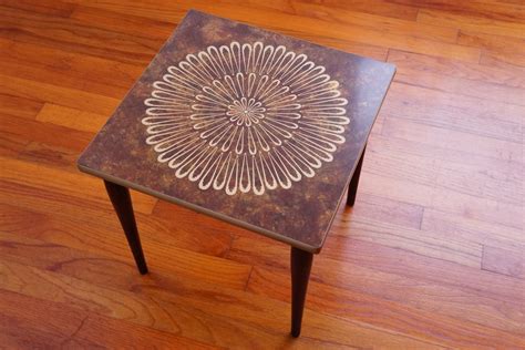 Handy Table with Formica Top & Wood Legs — Pretty Side Table with Gold Flower Design — Cool Mid ...