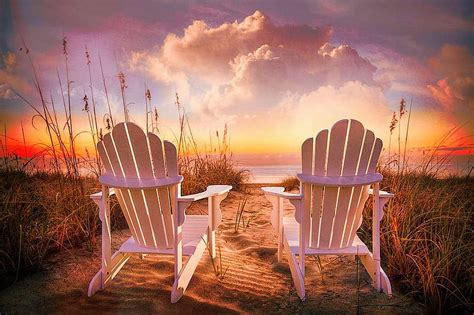 Evening Greeting, sunset, sky, beach, chairs, clouds, sea, HD wallpaper | Peakpx