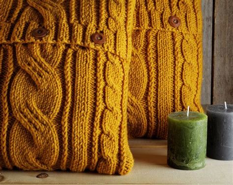 Mustard yellow cable knit pillow cover with 3 wooden buttons. | Knit ...