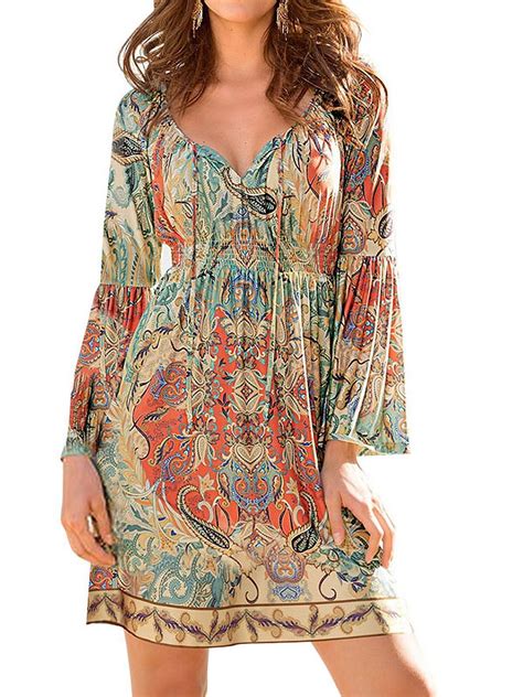 ZXZY Boho Style Women Dress Long Sleeve Beach Summer Dresses Floral Print Vintage Maxi Dress ...