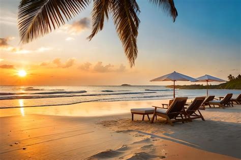 Premium Photo | A beach at sunset with a beach chair and umbrellas