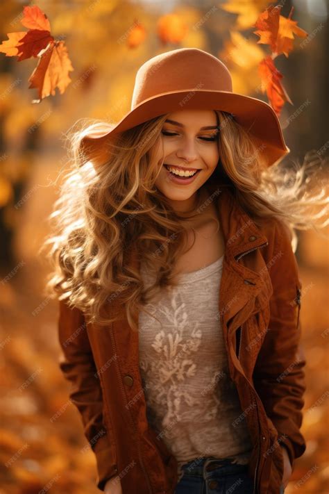 Premium AI Image | A woman in a hat laughs happily against the background of autumn trees with ...