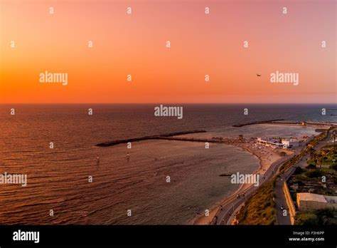 Elevated view of Hilton Beach at sunset, Tel Aviv, Israel Stock Photo ...