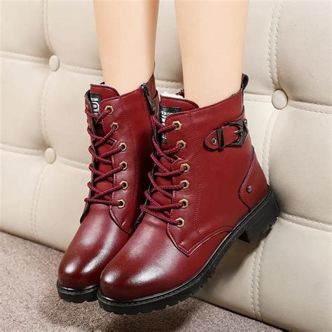 2018 Lady Red Leather Boots Women Boots Winter Motorcycle ankle Boots Girls Lace Up Boots Solid ...