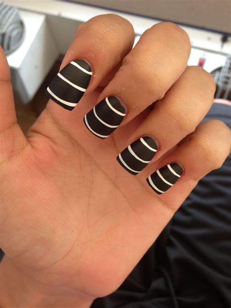 Black matte nails with white stripe design | Matte black nails, Nails ...