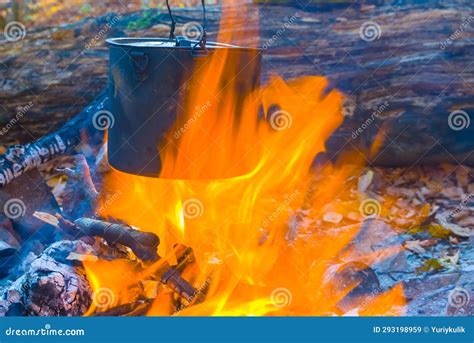 Closeup Touristic Cauldron on a Fire in the Forest Stock Image - Image ...