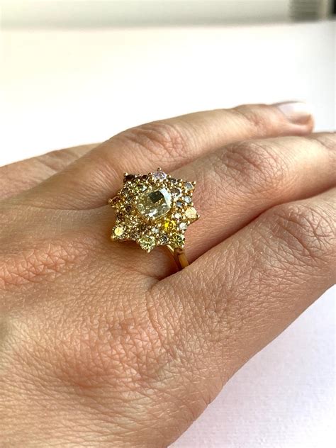 1.50 ct Cushion Cut Yellow Multi-Color Diamond Engagement Ring 18K Yellow Gold For Sale at 1stDibs