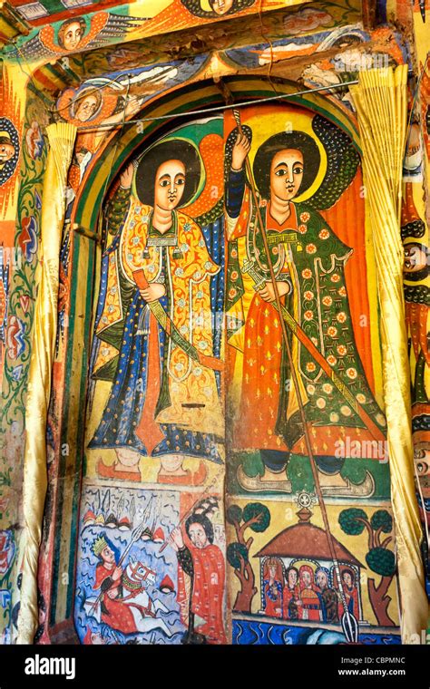 Religious paintings adorn the walls of Azuwa Maryam Monastery on Lake Tana near Bahir Dar ...