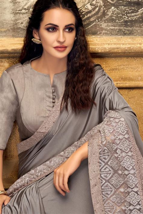 Lycra Embroidered Saree in Grey | Cotton saree blouse designs, Blouse designs high neck ...