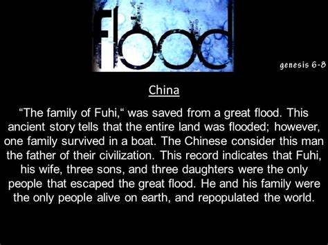 Chinese flood legend : Fuhi and his family. Eight people in a boat ...