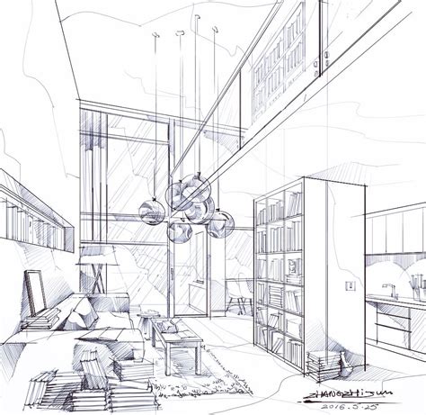 an architectural drawing of a living room with furniture and bookshelves in it's center