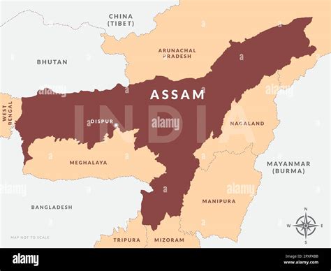 State of Assam India with capital city Dispur hand drawn vector map ...