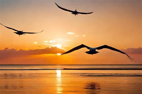 Premium AI Image | two birds flying in the sky with the sun setting ...