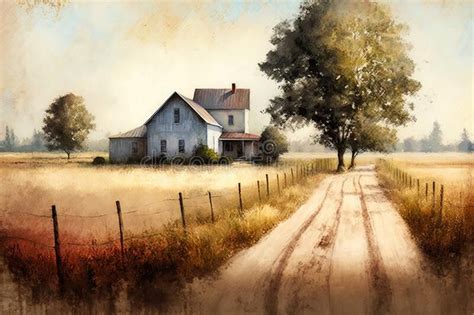 Vintage Impressionist Old Farm House in a Field in the Morning. Oil ...