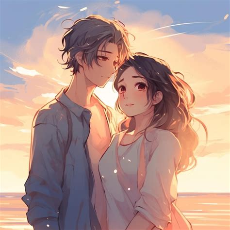 Premium AI Image | anime couple standing on beach with sunset in background generative ai